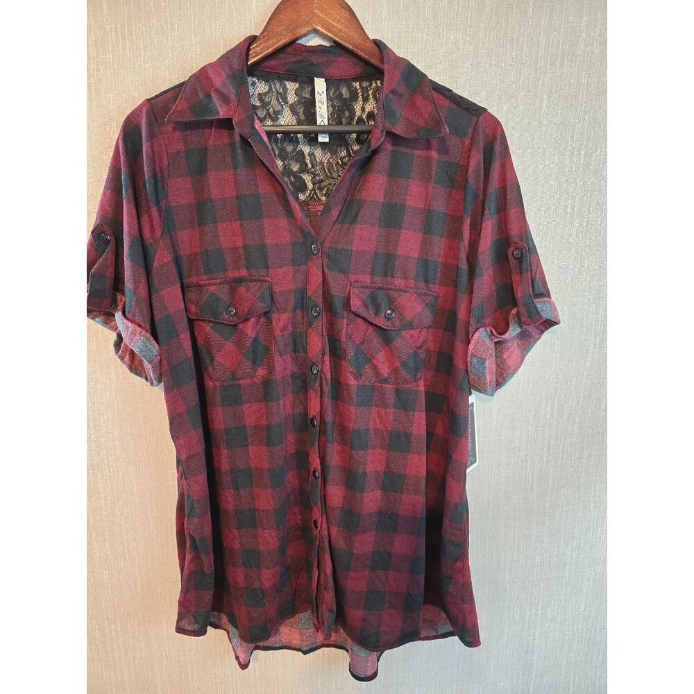 Red & Black Plaid Button-Up Shirt Lace Back Detail Roll-Up short Sleeves 2X Size